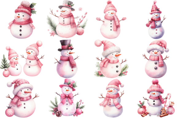 12 Pink Snowman Christmas Clipart Bundle