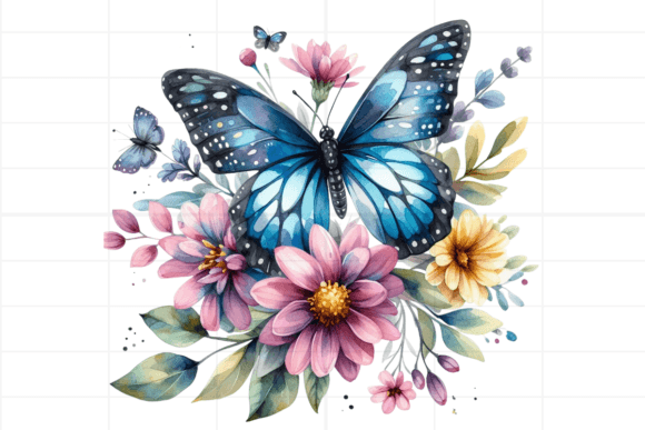Butterfly and Flower Watercolor Clipart