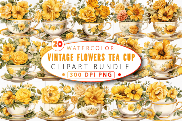 Vintage Flowers Yellow Tea Cup Clipart