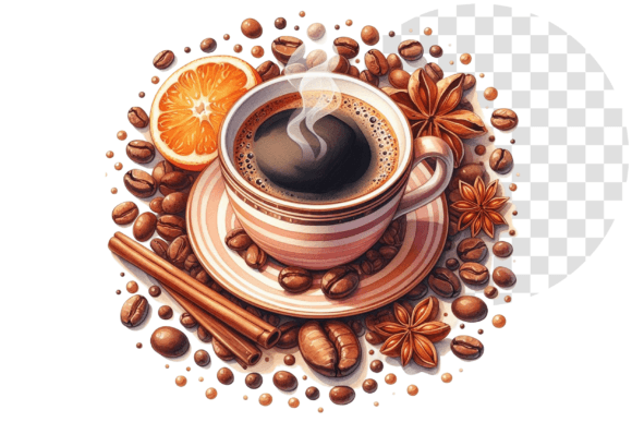 Watercolor Coffee Cup Beans Scene