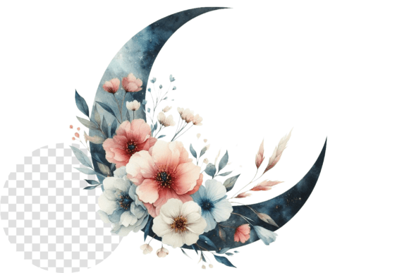 Watercolor Floral Moon Clipart