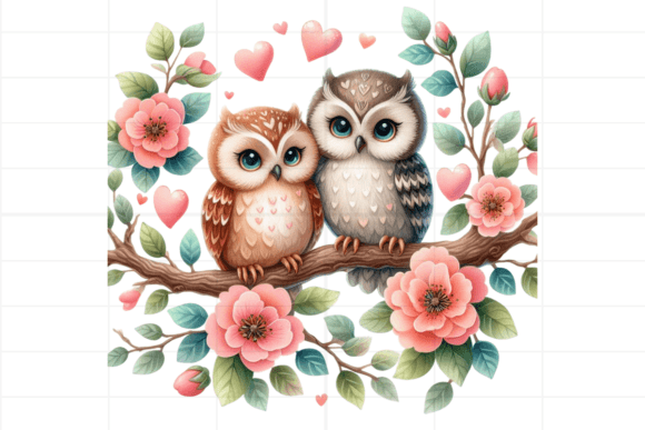 Watercolor Owls Branch with Heart Flower: A Unique Artistic Expression