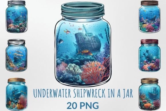 Watercolor Underwater Shipwreck in a Jar